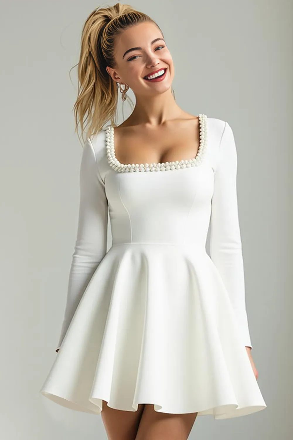 Square Neck A Line Satin Little White Dress sold by Zapaka product image thumbnail 3