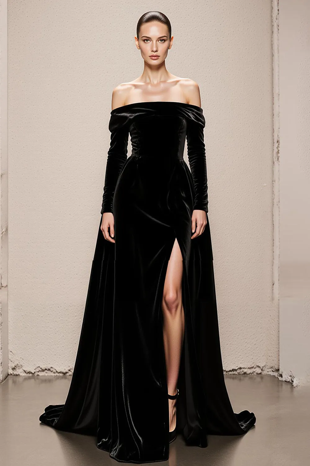 Off the Shoulder A-Line Black Velvet Long Military Ball Dresses with Slit sold by Zapaka