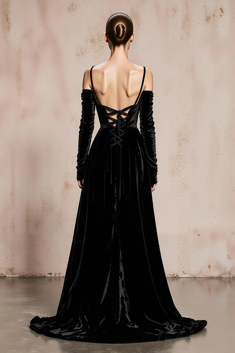 Black Cold Shoulder A-Line Velvet Long Sleeves Military Ball Dresses sold by Zapaka product image thumbnail 2