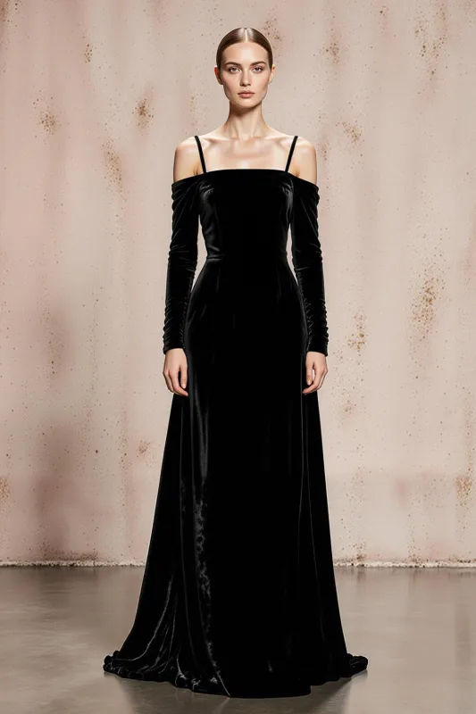 Black Cold Shoulder A-Line Velvet Long Sleeves Military Ball Dresses sold by Zapaka