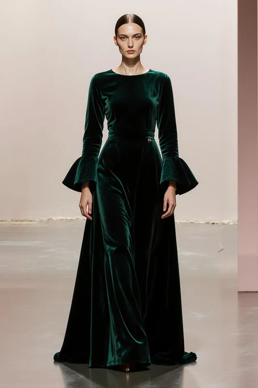 Dark Green A-Line Round Neck Long Sleeves Velvet Military Ball Dresses made by Zapaka