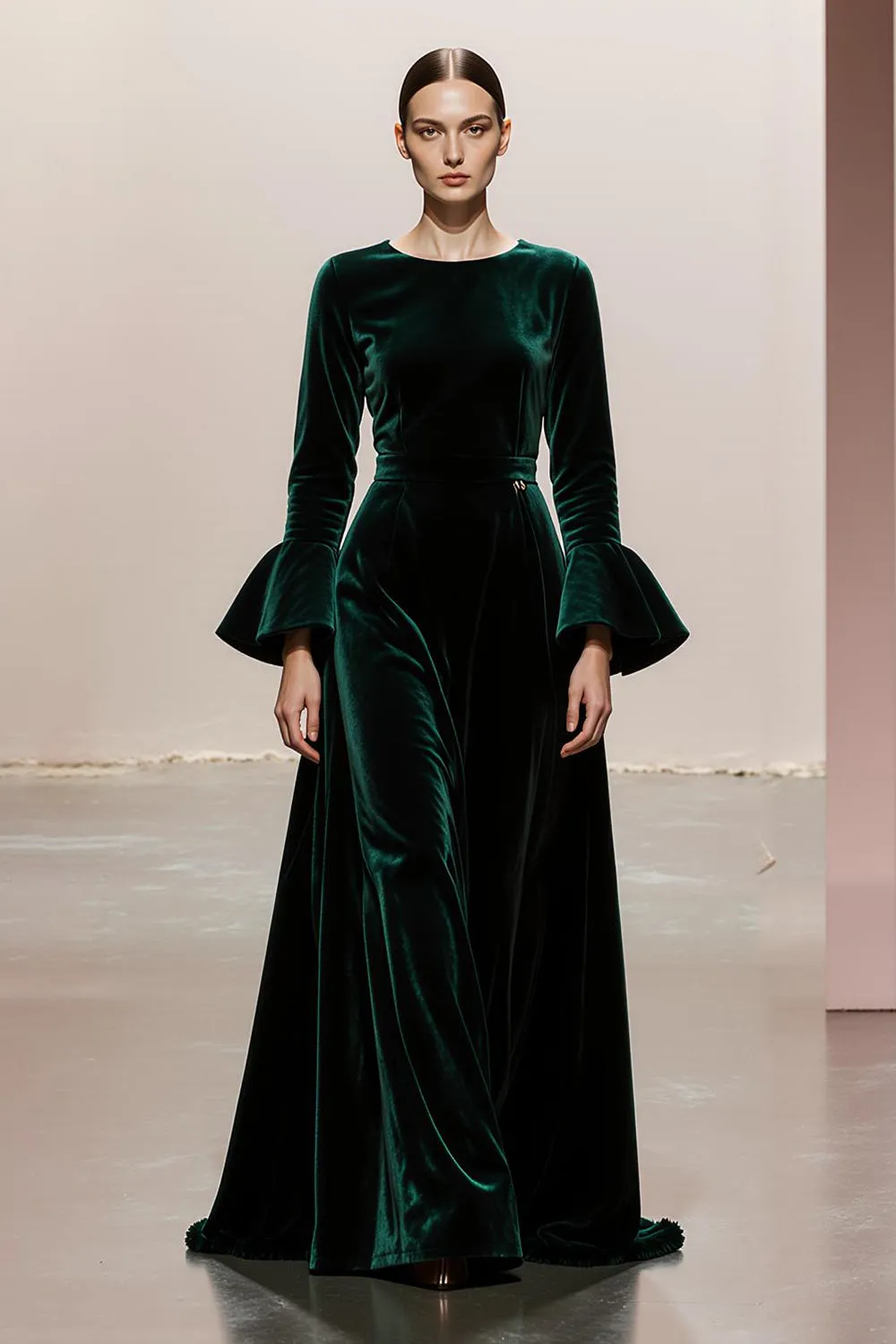 Dark Green A-Line Round Neck Long Sleeves Velvet Military Ball Dresses sold by Zapaka