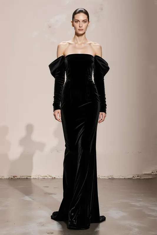 Mermaid Black Strapless Velvet Long Military Ball Dresses with Sleeves sold by Zapaka