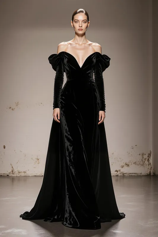 A-Line Black Velvet Off the Shoulder Long Military Ball Dresses with Sleeves sold by Zapaka
