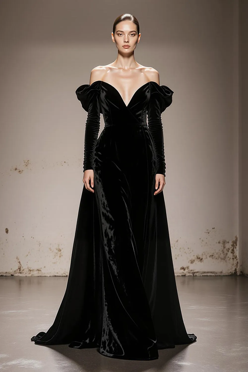 A-Line Black Velvet Off the Shoulder Long Military Ball Dresses with Sleeves sold by Zapaka