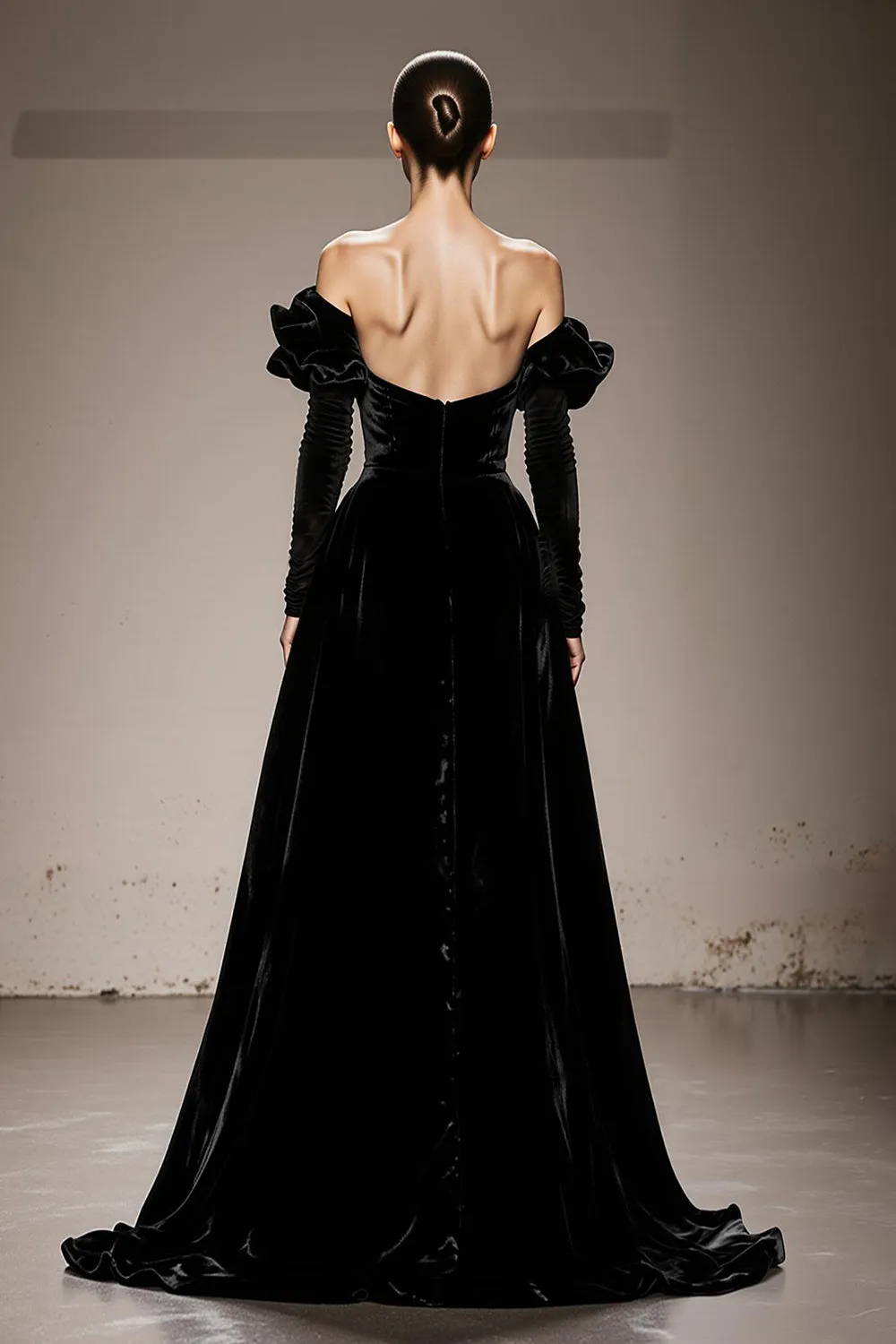 A-Line Black Velvet Off the Shoulder Long Military Ball Dresses with Sleeves sold by Zapaka product image thumbnail 2