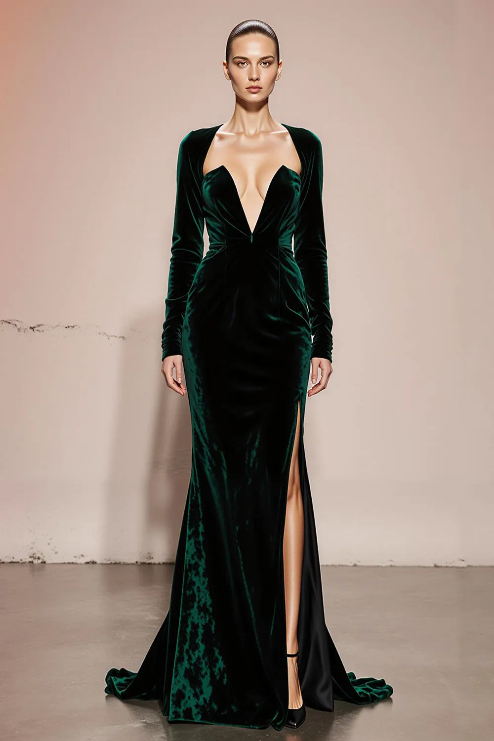 Dark Green V-Neck Mermaid Velvet Military Ball Dresses with Slit sold by Zapaka