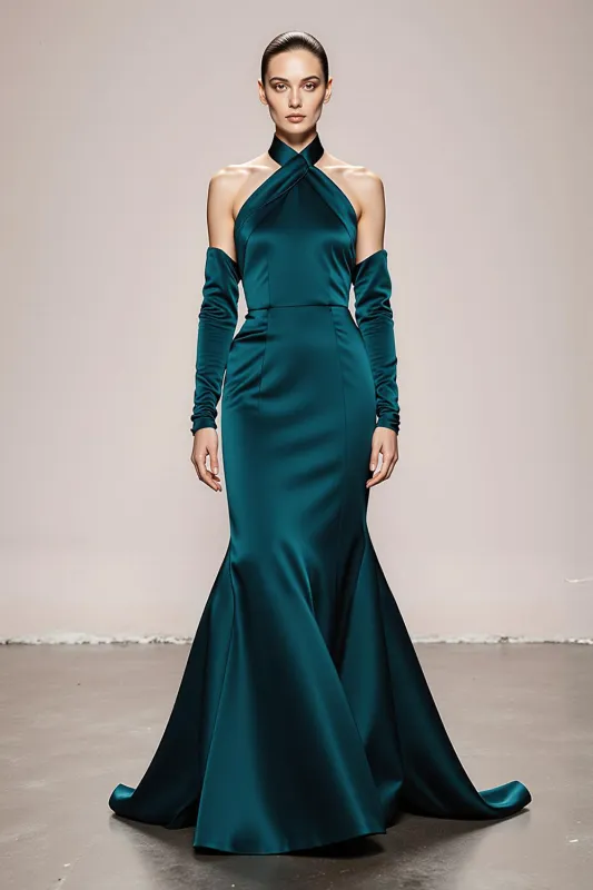 Mermaid Halter Peacock Green Sleeves Long Military Ball Dresses sold by Zapaka