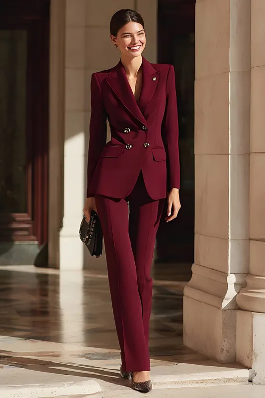 Burgundy Double Breasted Peak Lapel 2 Piece Women's Business Suits sold by Zapaka