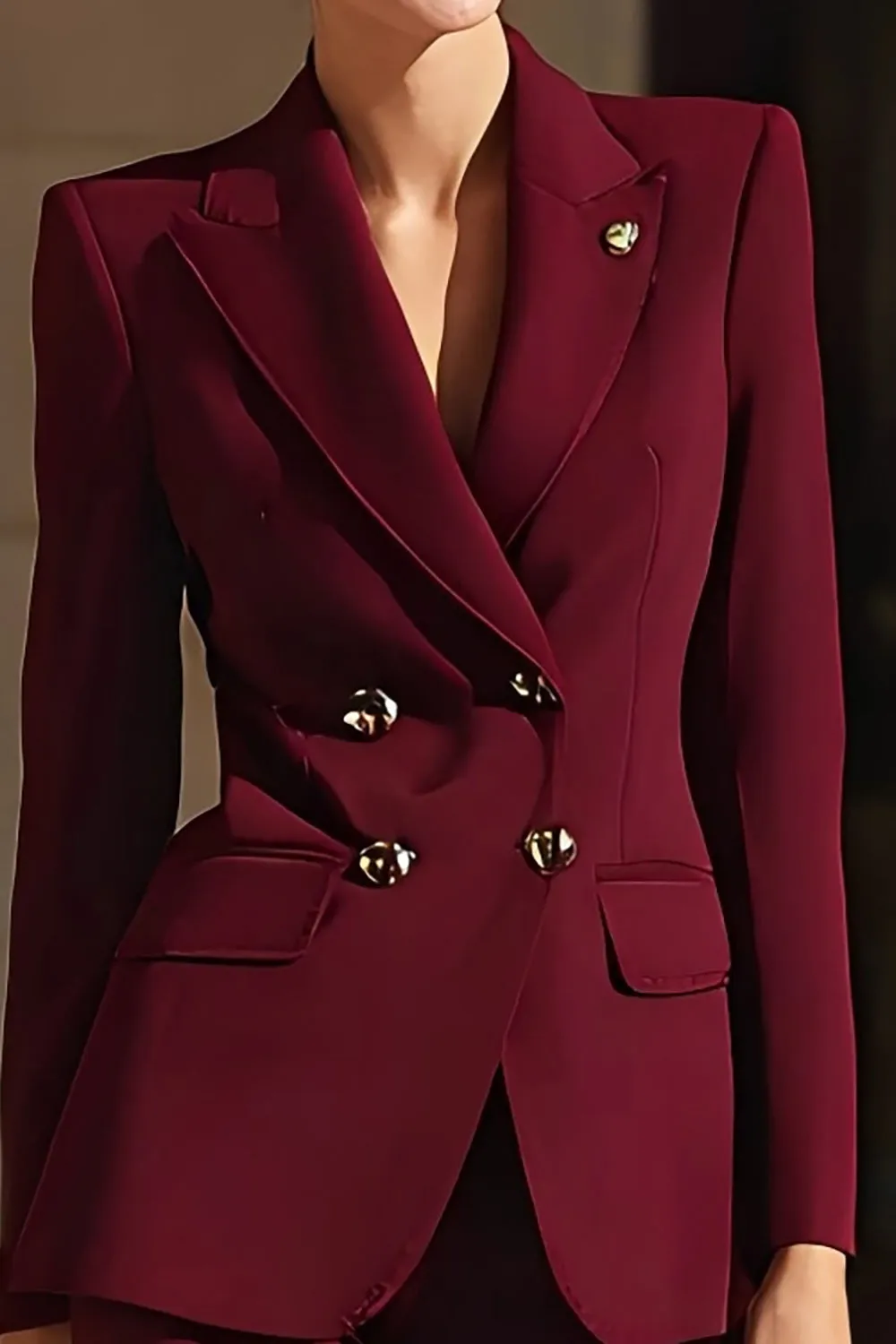 Burgundy Double Breasted Peak Lapel 2 Piece Women's Business Suits sold by Zapaka product image thumbnail 2