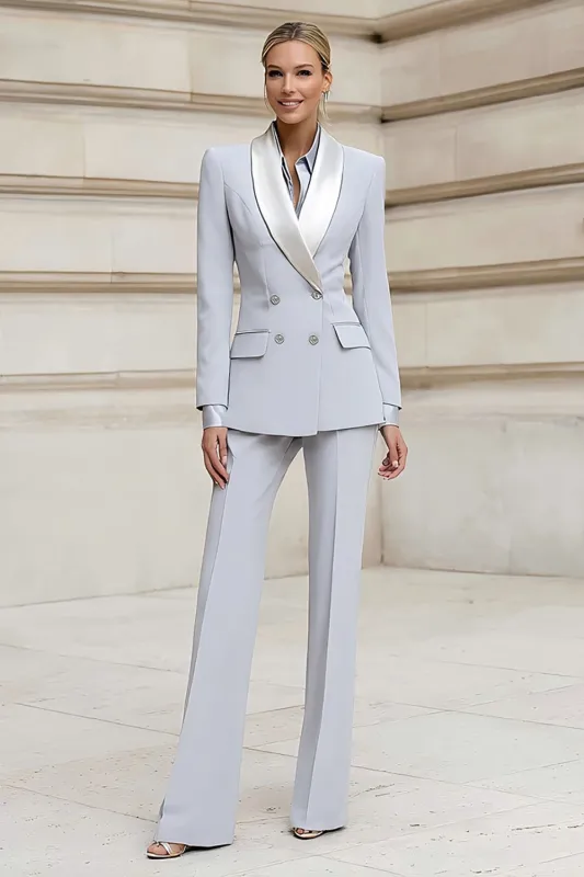 Light Grey Shawl Lapel 2 Piece Double Breasted Slim Fit Women's Business Suits sold by Zapaka