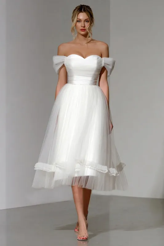 White Off The Shoulder A Line Midi Wedding Reception Dress sold by Zapaka