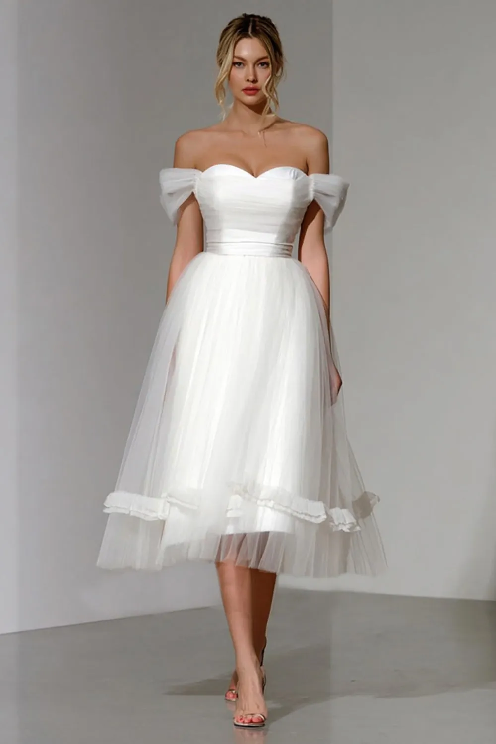 White Off The Shoulder A Line Midi Wedding Reception Dress sold by Zapaka