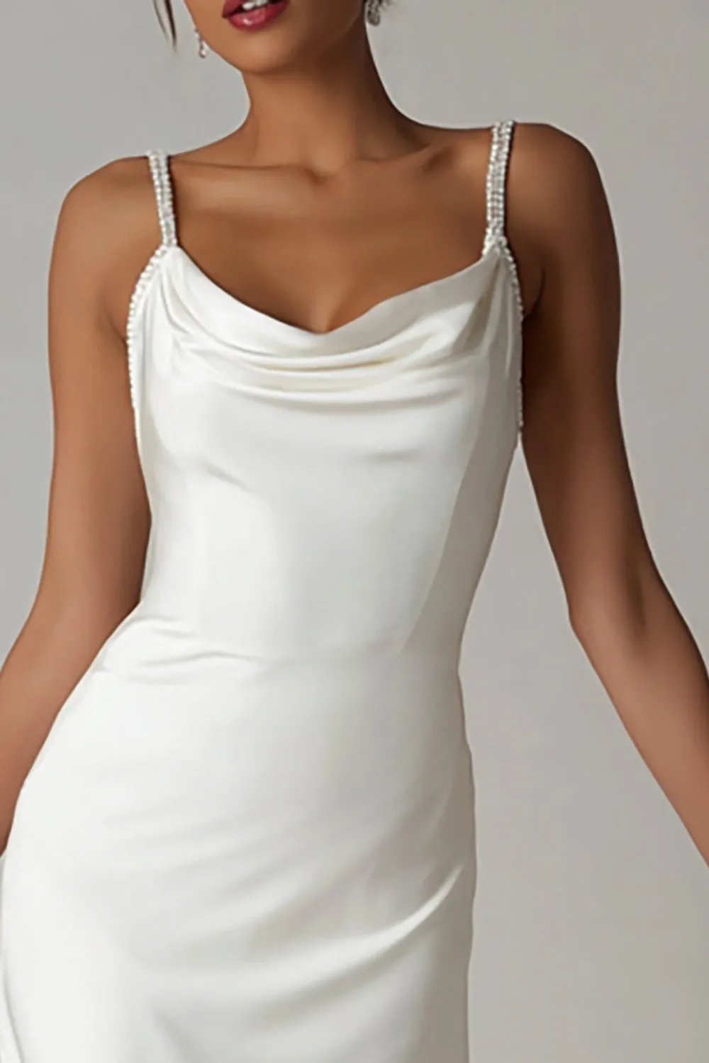 White Cowl Neck Satin High-Low Rehearsal Dinner Dress sold by Zapaka product image thumbnail 2