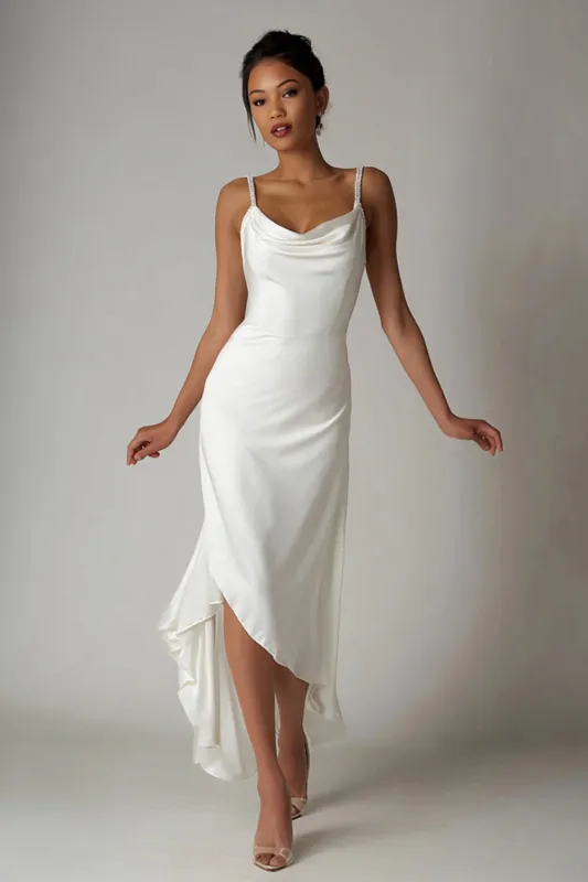 White Cowl Neck Satin High-Low Rehearsal Dinner Dress sold by Zapaka