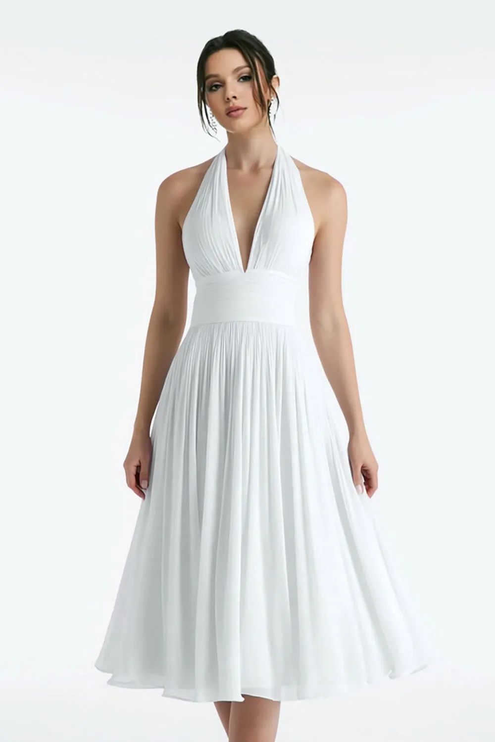 White Halter A Line Midi Rehearsal Dinner Dress sold by Zapaka