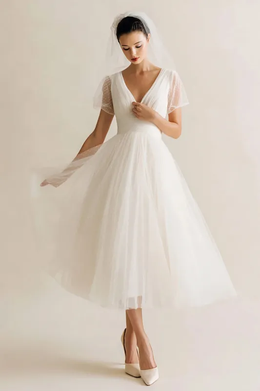 White V-Neck A Line Dotted Tulle Midi Wedding Dress sold by Zapaka