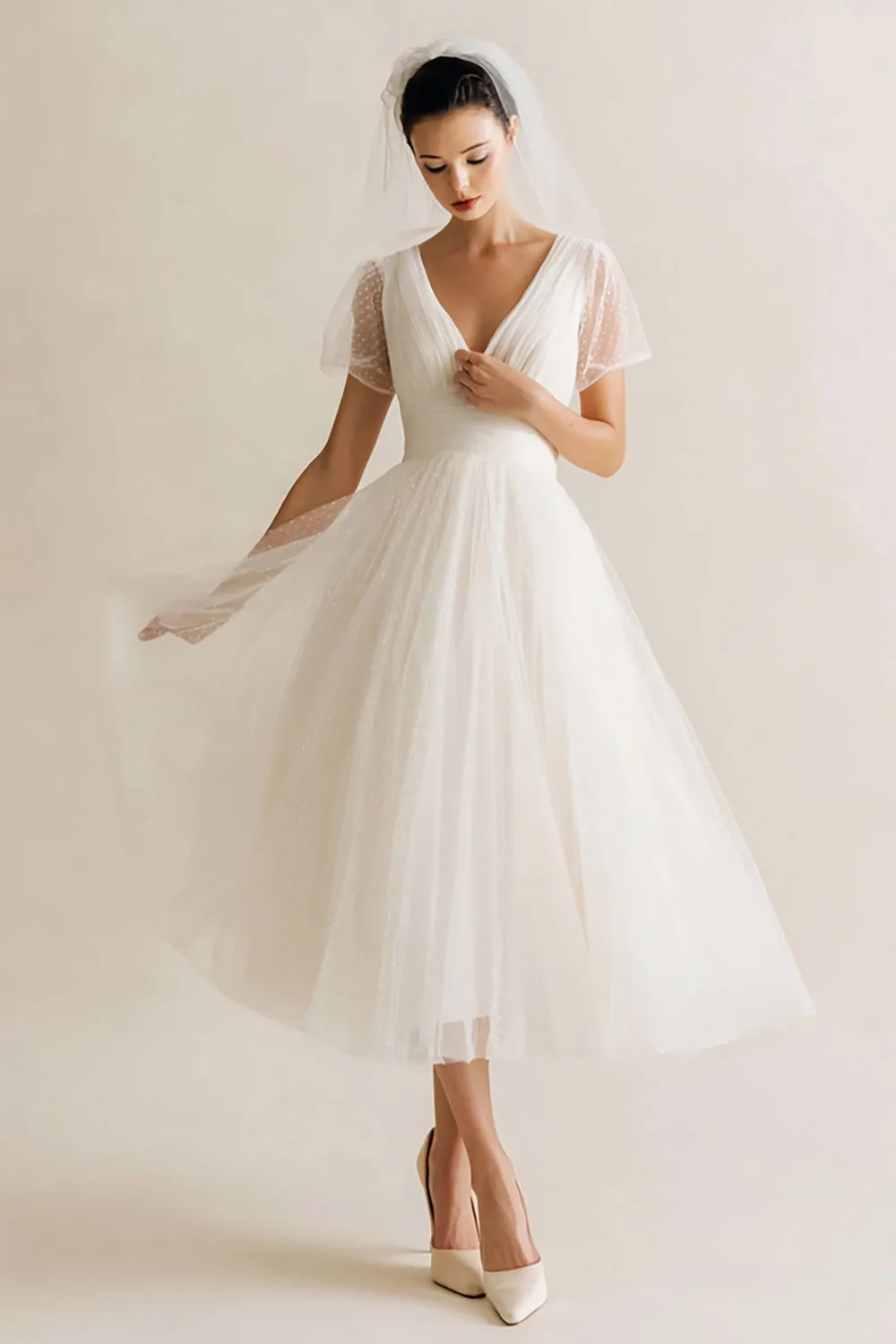 White V-Neck A Line Dotted Tulle Midi Wedding Dress sold by Zapaka
