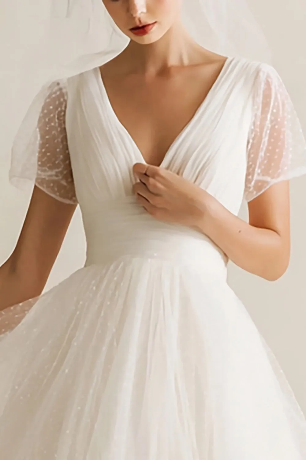 White V-Neck A Line Dotted Tulle Midi Wedding Dress sold by Zapaka product image thumbnail 2
