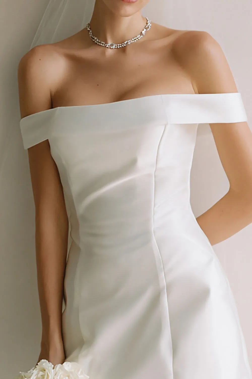 White Off the Shoulder Satin Short Courthouse Wedding Dress sold by Zapaka product image thumbnail 2