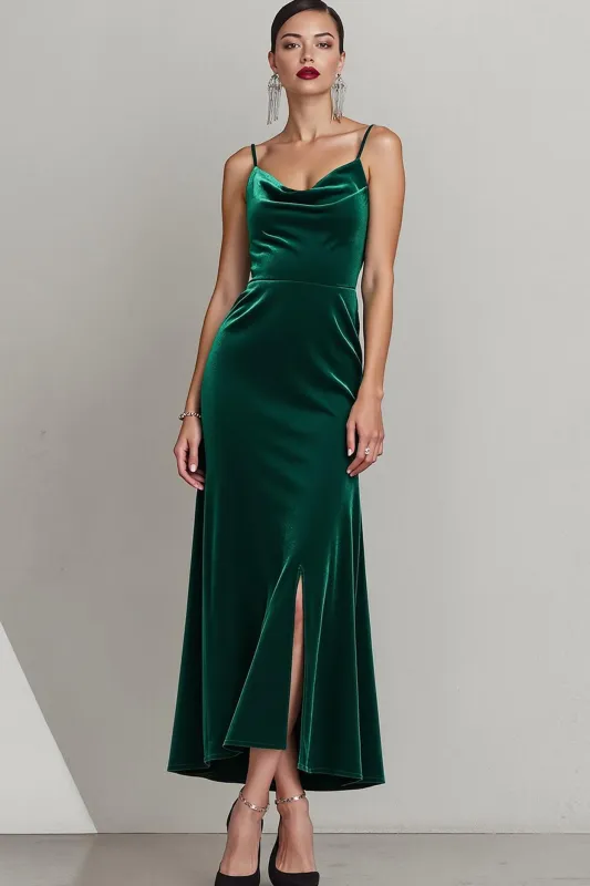 Dark Green Velvet Spaghetti Straps Long Formal Dress with Slit sold by Zapaka