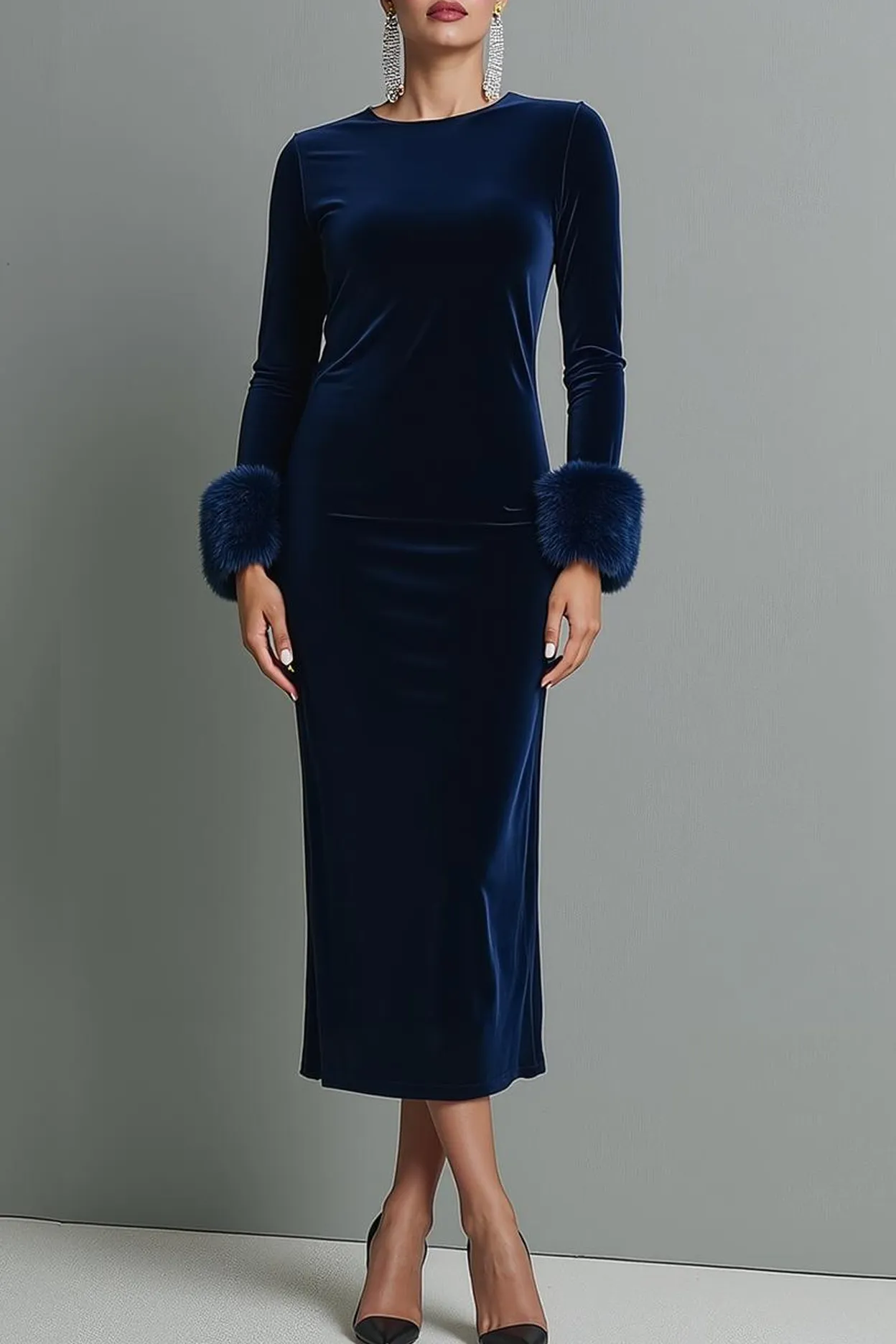 Dark Blue Round Neck Velvet Sheath Maxi Formal Dress with Sleeves sold by Zapaka product image thumbnail 3
