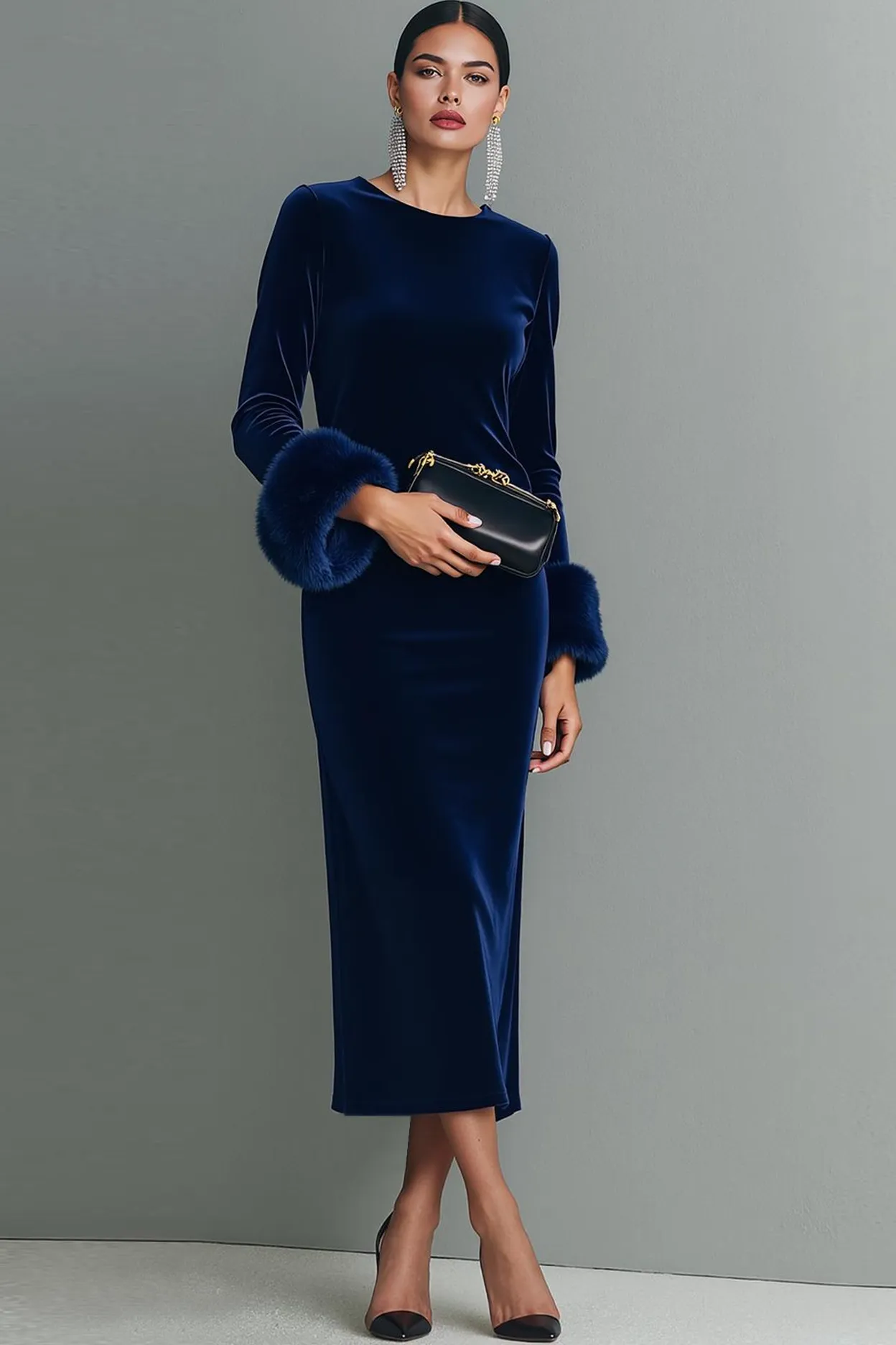 Dark Blue Round Neck Velvet Sheath Maxi Formal Dress with Sleeves sold by Zapaka
