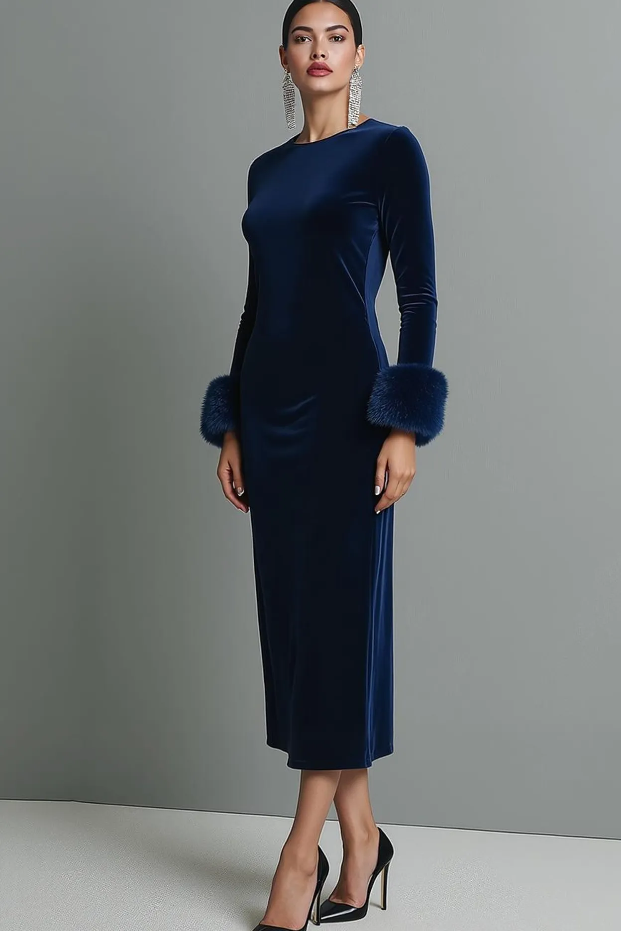 Dark Blue Round Neck Velvet Sheath Maxi Formal Dress with Sleeves sold by Zapaka product image thumbnail 2