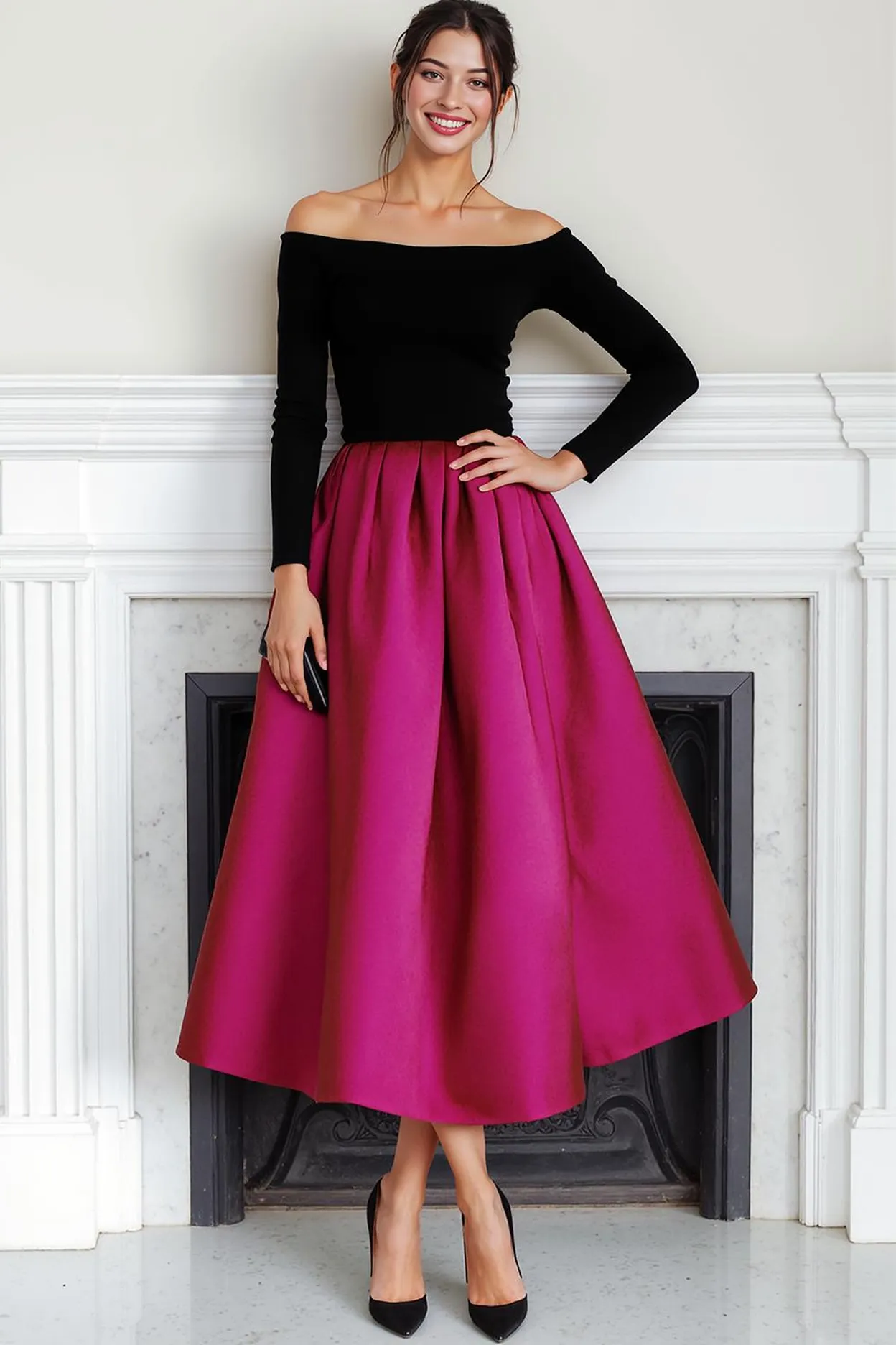 Fuchsia Black Velvet Off the Shoulder Long Evening Dress with Sleeves sold by Zapaka product image thumbnail 2