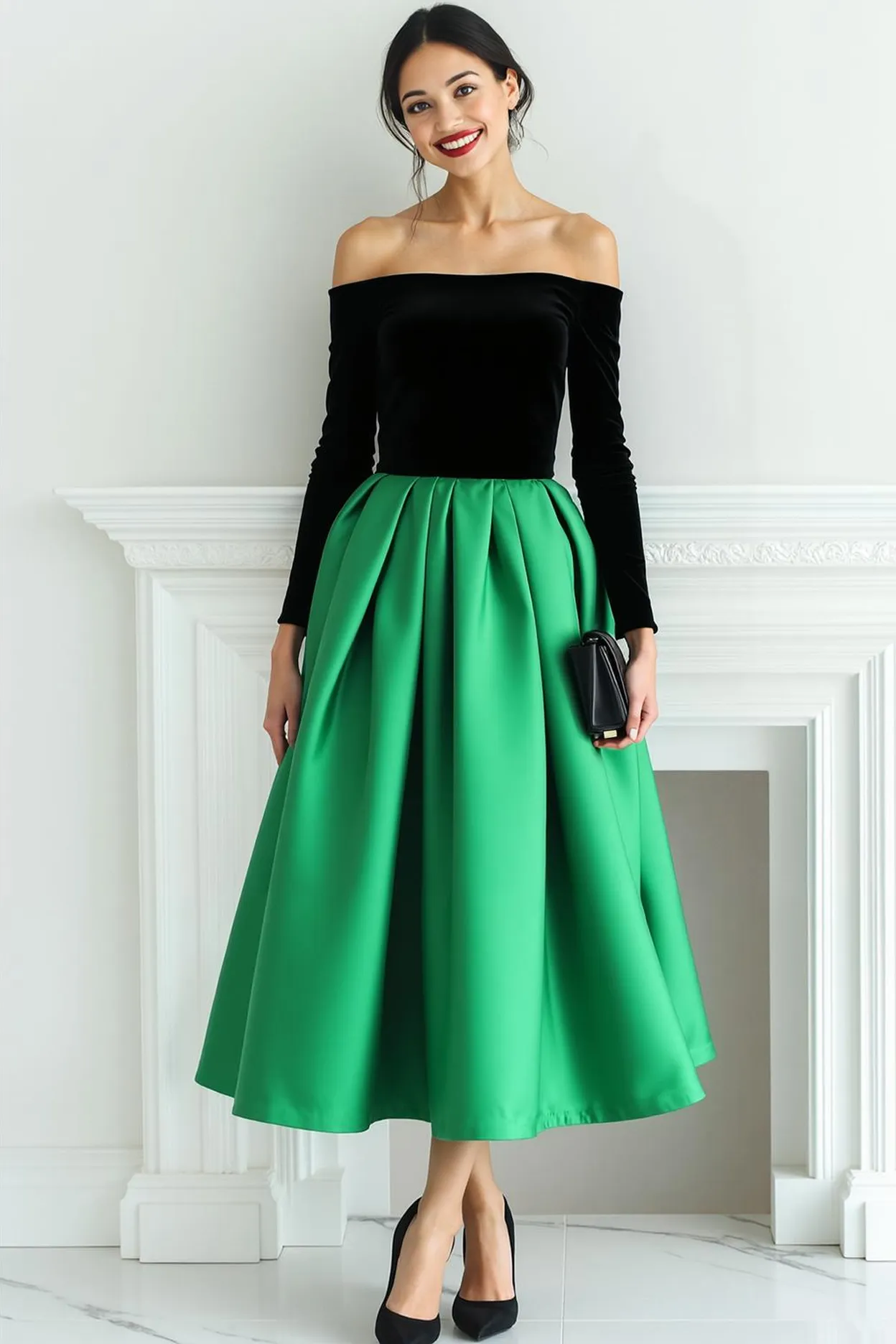 Fuchsia Black Velvet Off the Shoulder Long Evening Dress with Sleeves sold by Zapaka product image thumbnail 3