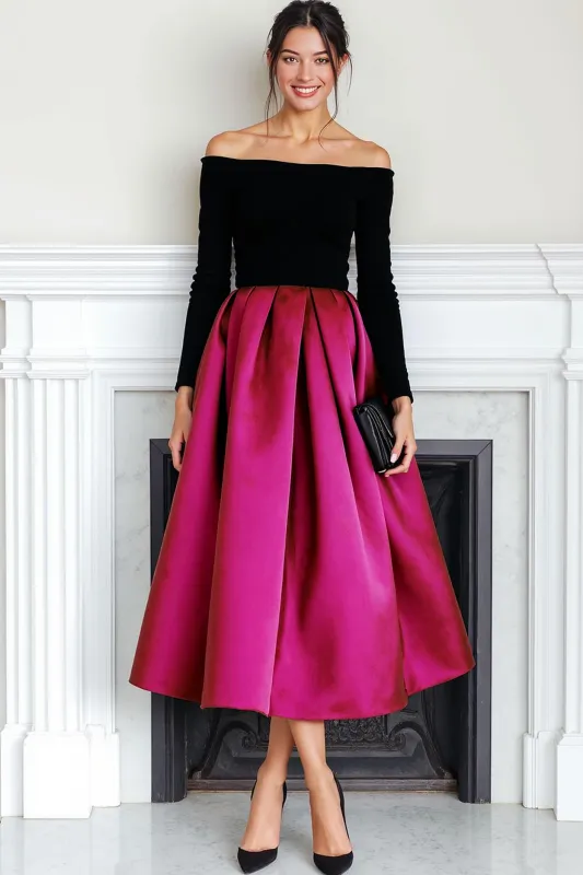 Fuchsia Black Velvet Off the Shoulder Long Evening Dress with Sleeves sold by Zapaka