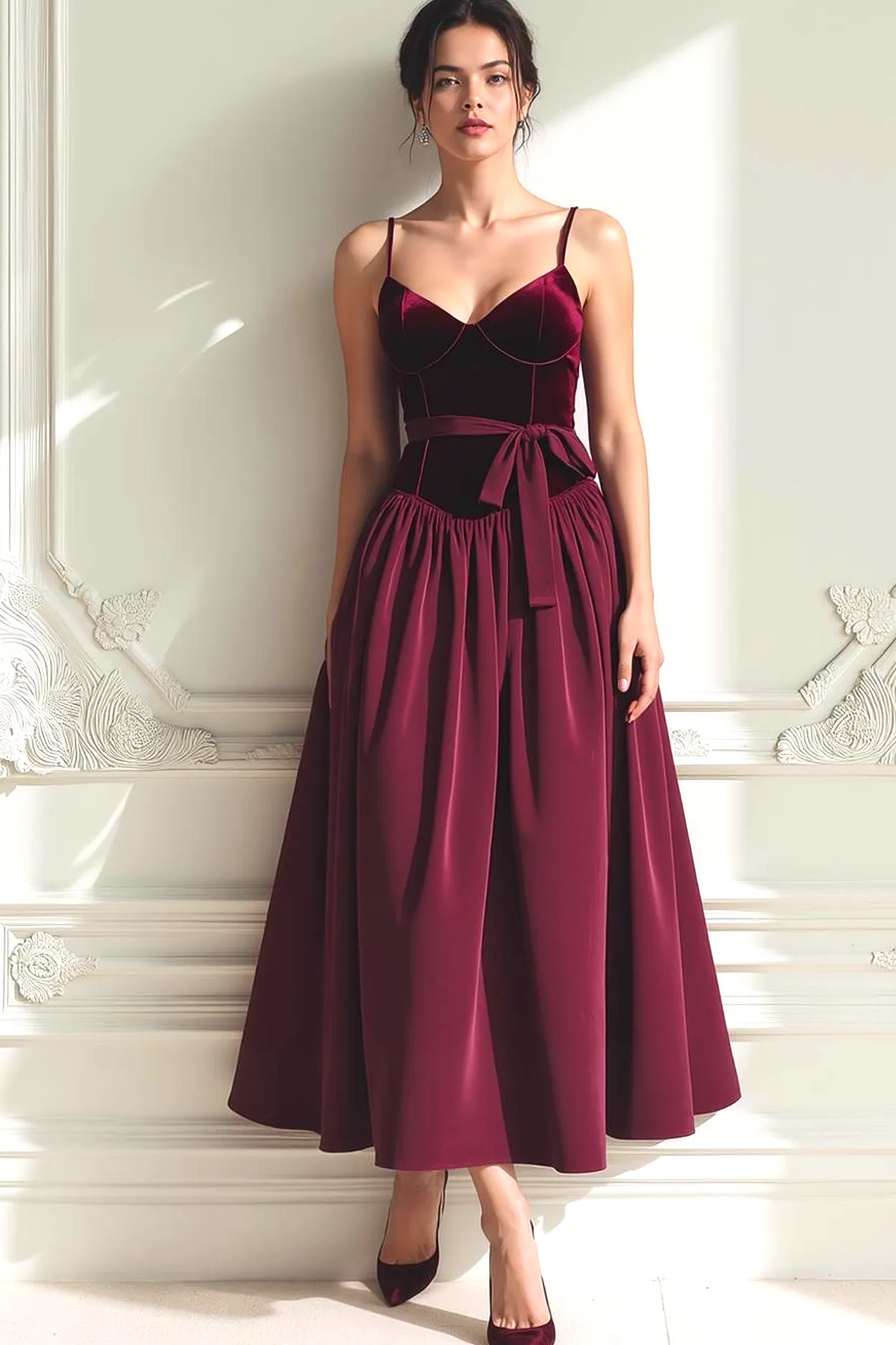 Cabernet A Line Velvet Spaghetti Straps Long Formal Dress sold by Zapaka product image thumbnail 2