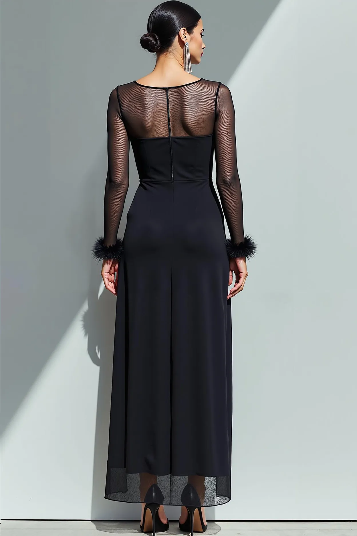 Black Chiffon Sheath Boat Neck Long Formal Dress with Sleeves sold by Zapaka product image thumbnail 2