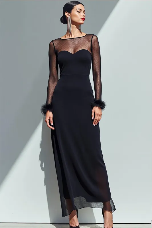Black Chiffon Sheath Boat Neck Long Formal Dress with Sleeves sold by Zapaka