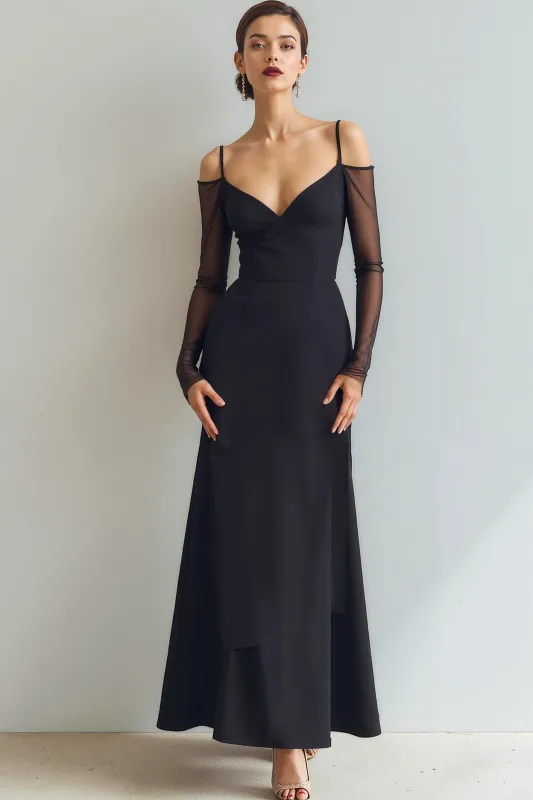 Black Sheath Cold Shoulder Long Formal Dress with Sleeves sold by Zapaka