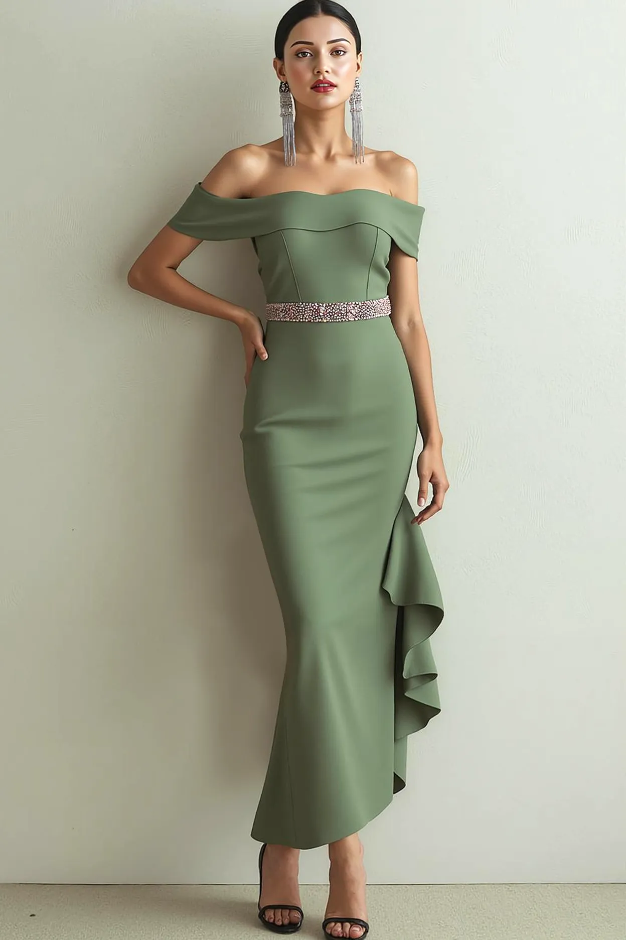 Olive Off the Shoulder Mermaid Formal Dress with Ruffles sold by Zapaka