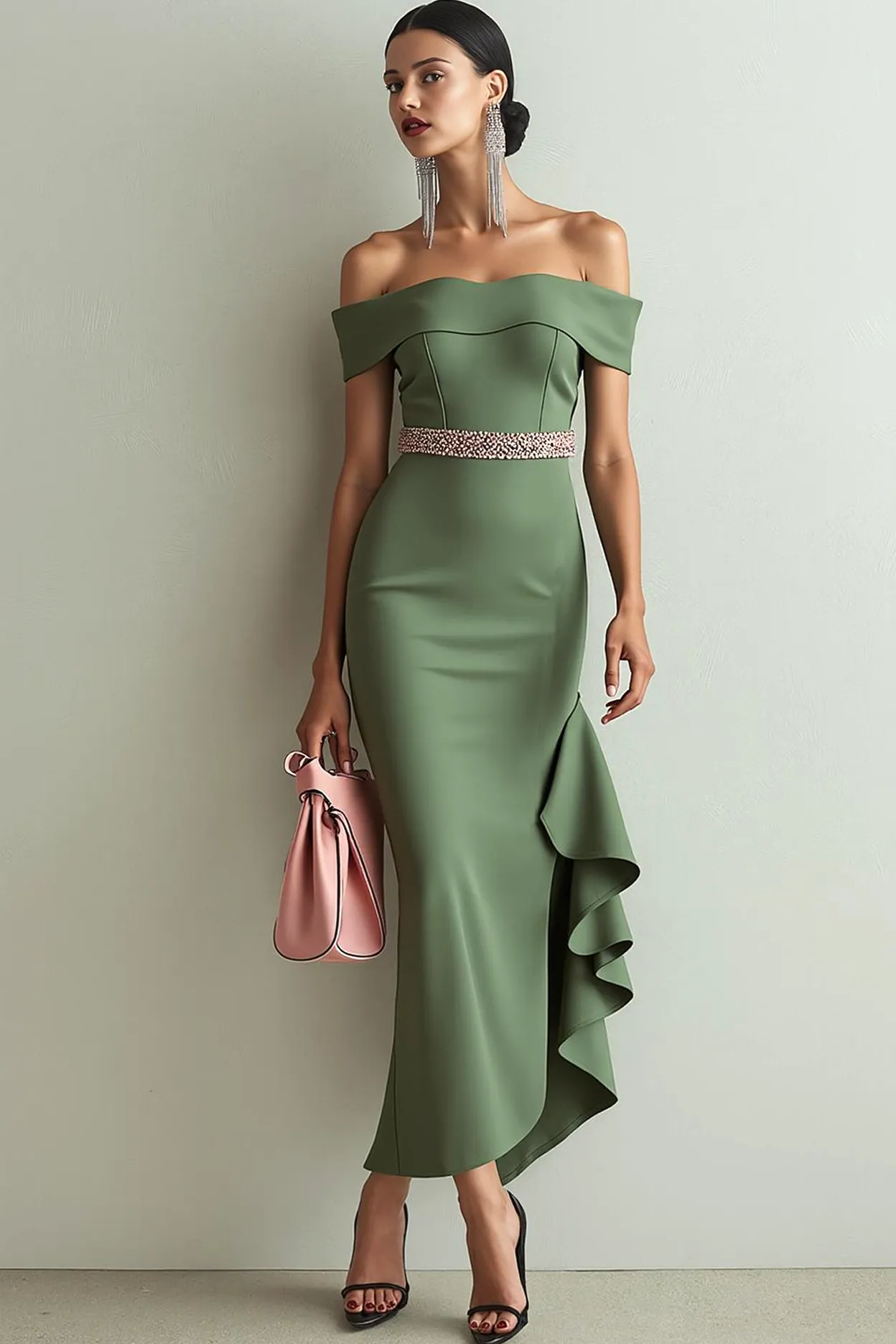 Olive Off the Shoulder Mermaid Formal Dress with Ruffles sold by Zapaka product image thumbnail 2