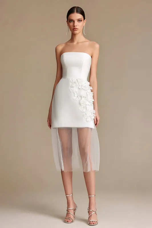 Strapless White Sheath Appliqued Rehearsal Dinner Dress sold by Zapaka