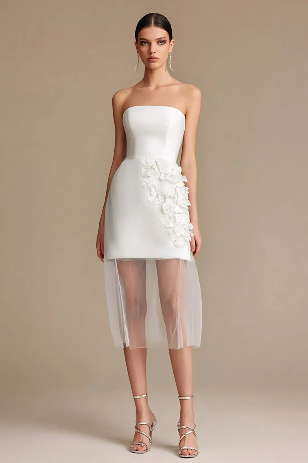 Strapless White Sheath Appliqued Rehearsal Dinner Dress sold by Zapaka