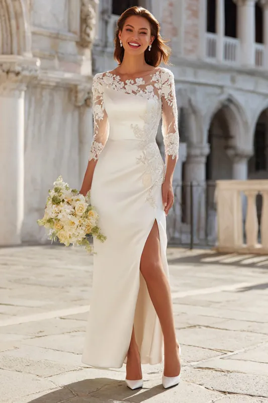 Ivory Satin Mermaid 3/4 Sleeve Engagement Dress with Slit sold by Zapaka