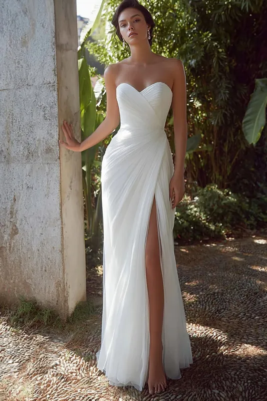 Strapless White Sheath Ruched Rehearsal Dinner Dress sold by Zapaka