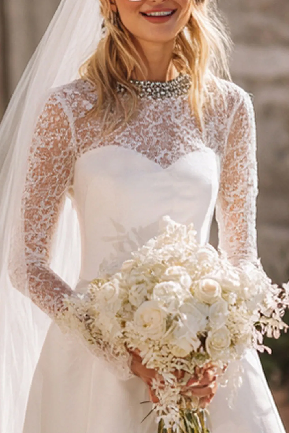 White A Line Lace Long Sleeve Courthouse Wedding Dress sold by Zapaka product image thumbnail 2