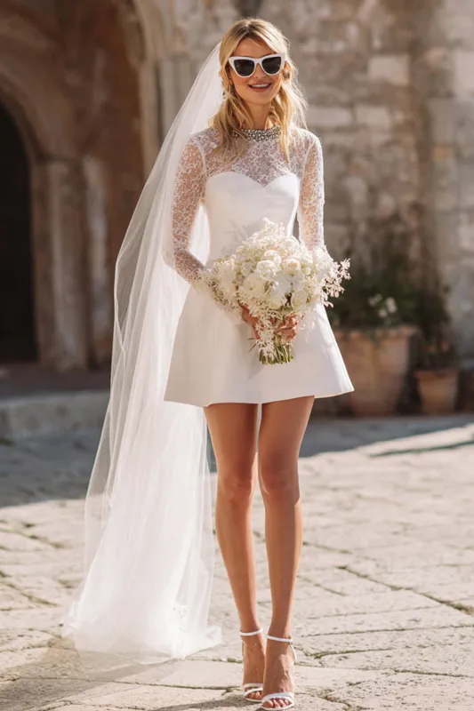 White A Line Lace Long Sleeve Courthouse Wedding Dress sold by Zapaka