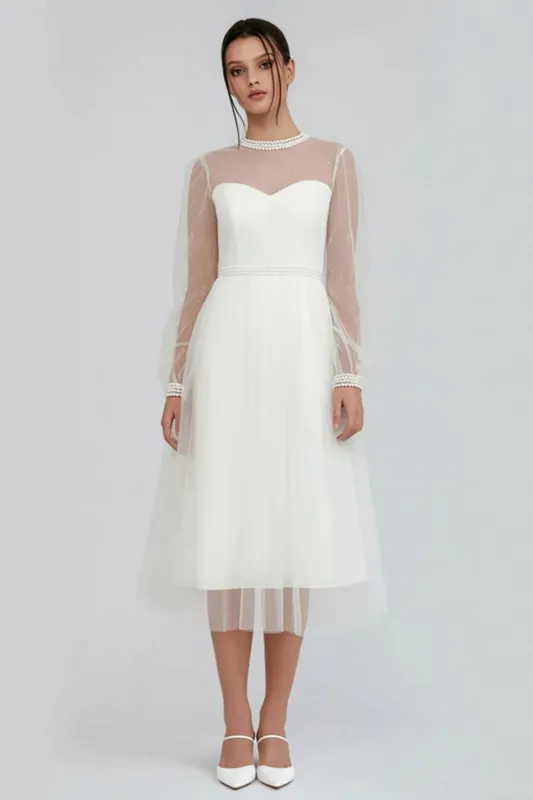 White Tulle A Line Midi Engagement Dress with Long Sleeves sold by Zapaka
