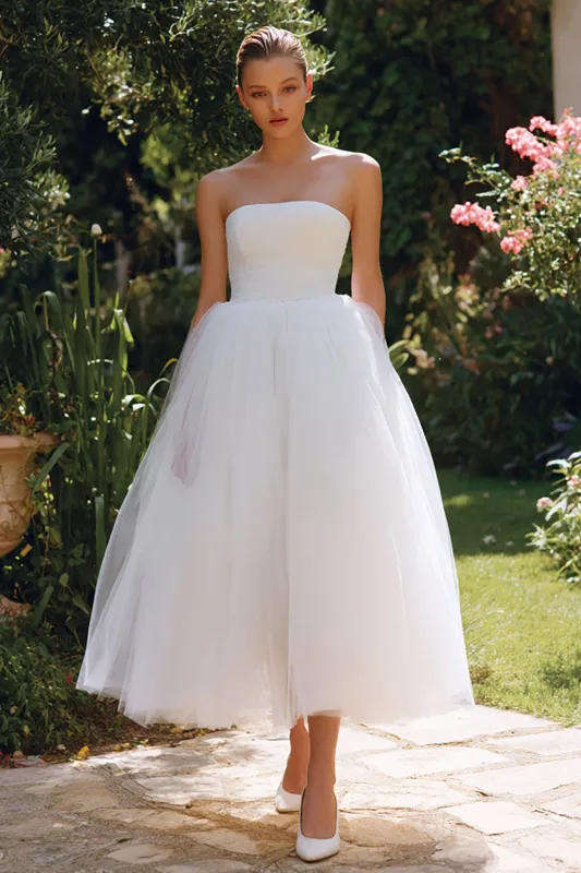 White Strapless A Line Tulle Midi Courthouse Wedding Dress sold by Zapaka