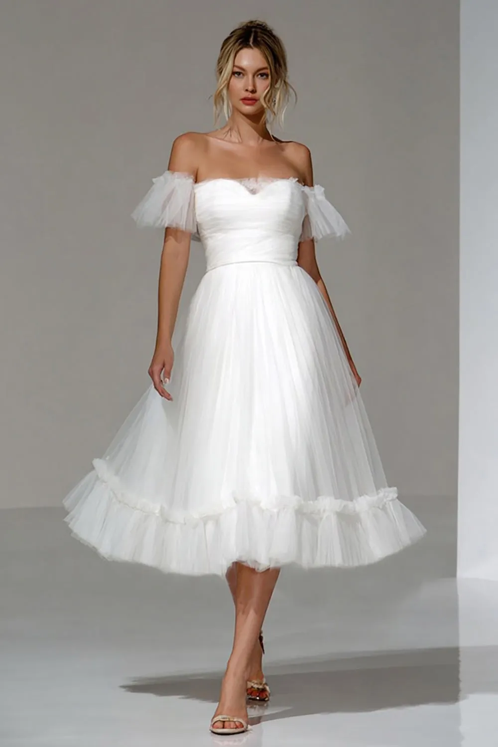 White Off the Shoulder Tulle Midi Rehearsal Dinner Dress sold by Zapaka