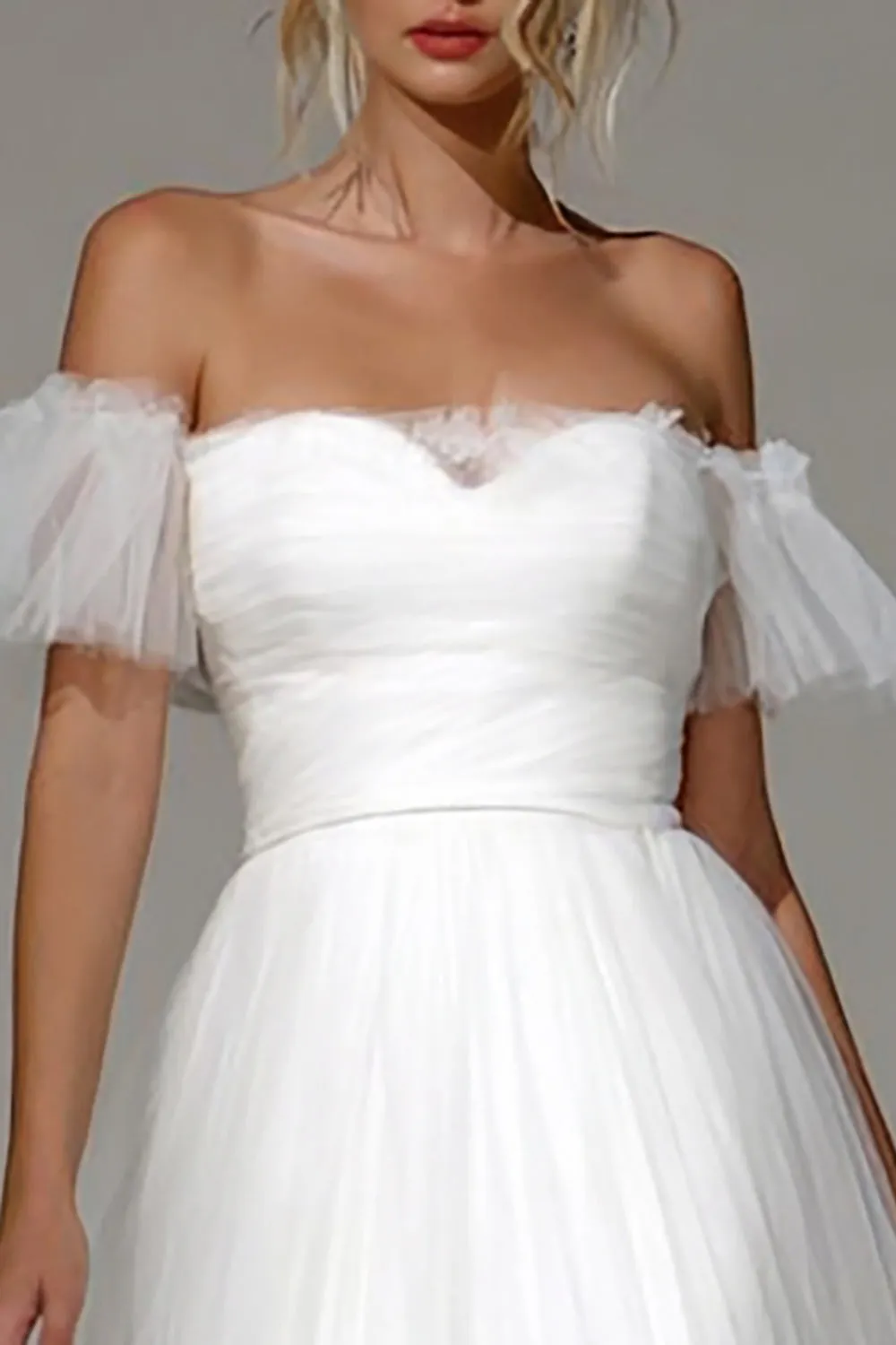 White Off the Shoulder Tulle Midi Rehearsal Dinner Dress sold by Zapaka product image thumbnail 2