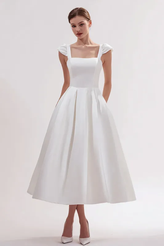 White Satin Square Neck Long Engagement Dress with Pockets sold by Zapaka