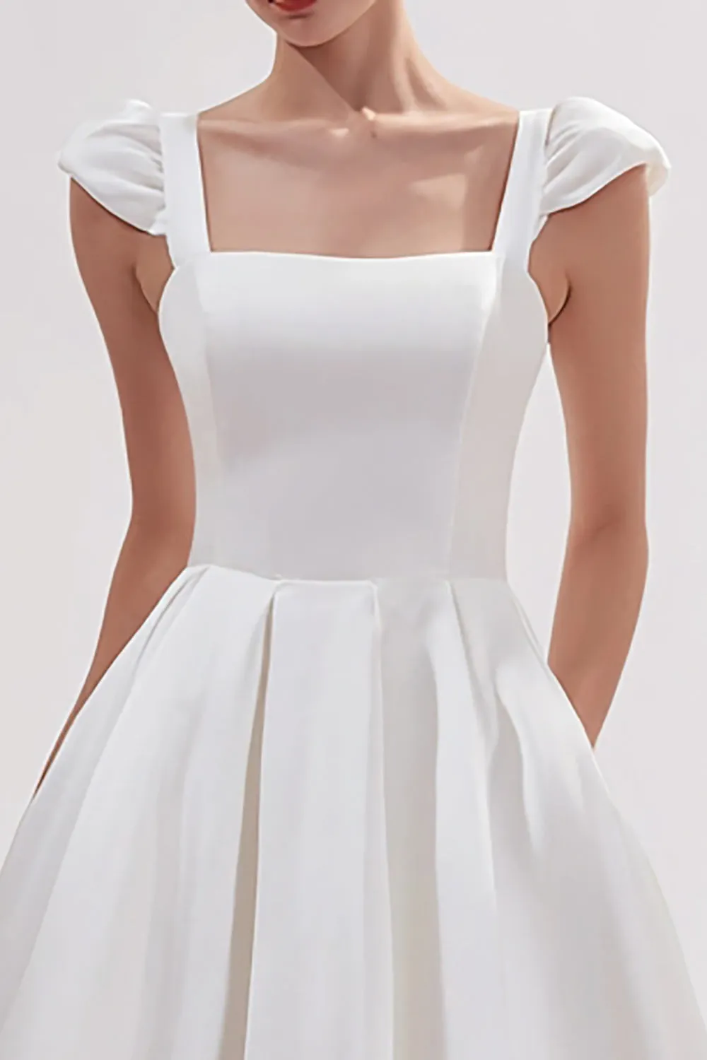 White Satin Square Neck Long Engagement Dress with Pockets sold by Zapaka product image thumbnail 2