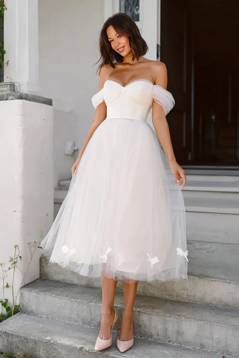 White A Line Off the Shoulder Midi Engagement Dress with Bows sold by Zapaka